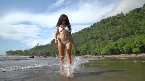 Beautiful Woman Bikini Splashing Playing Sea Kicking Water — Stock Video