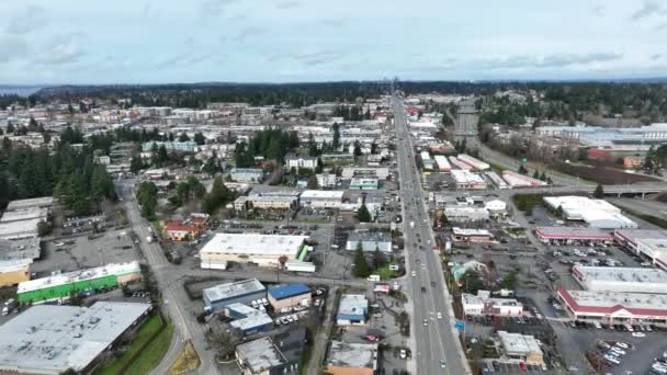 Cinematic Aerial Drone Shot Burien Sunnydale Highline Commercial Area Seattle — стоковое видео