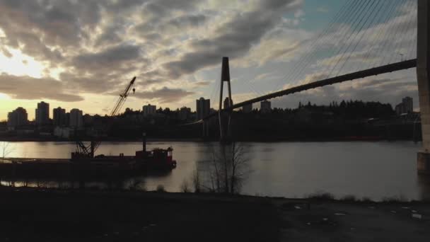 Sky Bridge Suspension Train Track Spanning River Metal Wire Cables — Stock Video