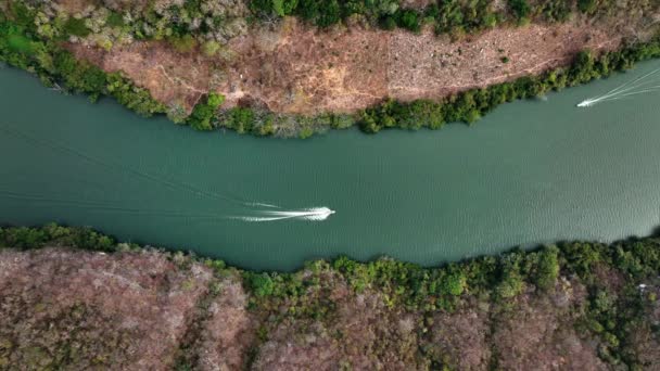 AERIAL - Boats on Grijalva River, Sumidero Canyon, Chiapas, Mexico, static top down