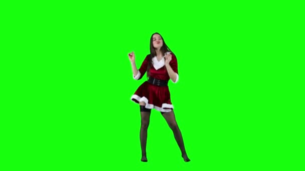 Beautiful Female Dancer Dancing Christmas Costume Front Green Screen — Stok video