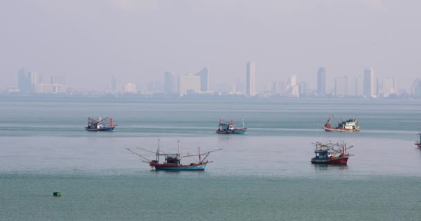 Anchored Fishing Boats Coast Bangsaray Pattaya Thailand City Skyline Background — Video