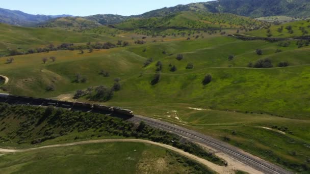 Aérien Train Transportant Des Marchandises Travers Une Colline Couverte Herbe — Video