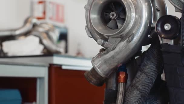 Pan Large Turbocharger Mounted Half Finished Race Engine — Stockvideo