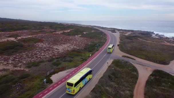 Aerial Drone View Tourist Buses Coast Guincho Lisbon Portugal — стокове відео