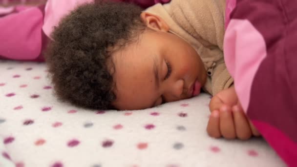 Дворічна Афроамериканська Дитина Глибоко Спить Ліжку — стокове відео