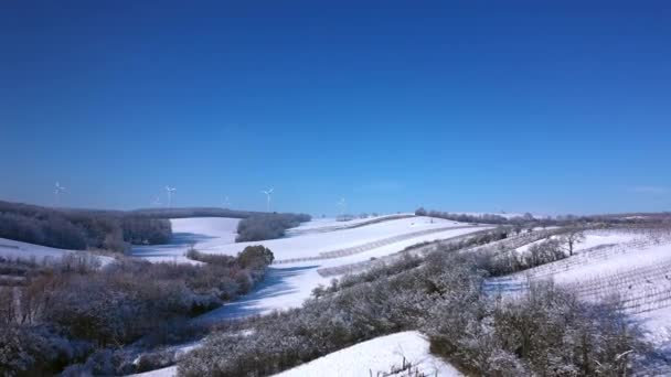 Drone Flyg Över Snötäckta Jordbrukslandskap Solig Dag Vinter Med Vindkraftverk — Stockvideo