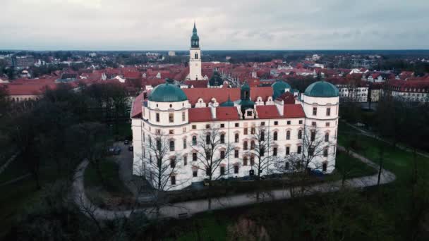 An aerial view of the castle in Celle, Germany on a cloudy day.
