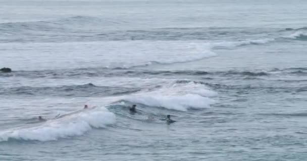 Boogie Boarder Rides Wave Amidst Surfers Dusk Sunset — Stockvideo