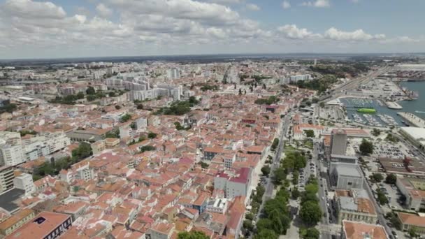 Aerial Pan Historic Port City Setubal Panorama View Portugal — ストック動画