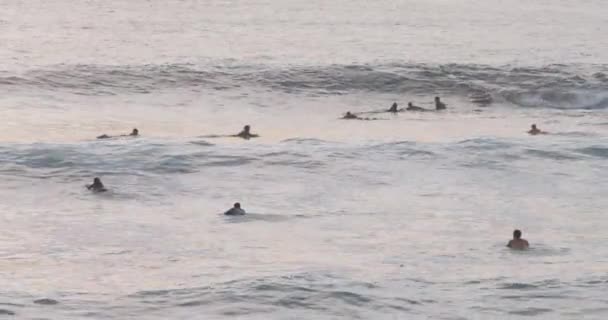 Surfers Boogie Boarders Catching Waves Sunset — Stock videók