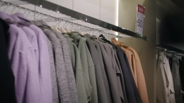 Clothes Hangers Display Clothing Store Sale Season — Stockvideo