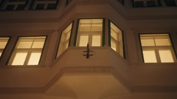 Old Town Building Illuminated Windows Night — Stockvideo