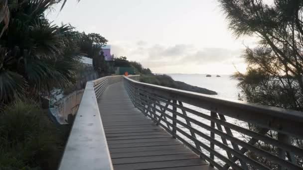 Railway Bridge Walkers Cross Other Side Trail Look Boats Horizon — 비디오