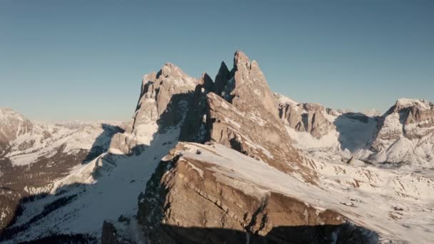 Low Cinematic Drone Shot Seceda Mountain Ridge Dolomites — Wideo stockowe