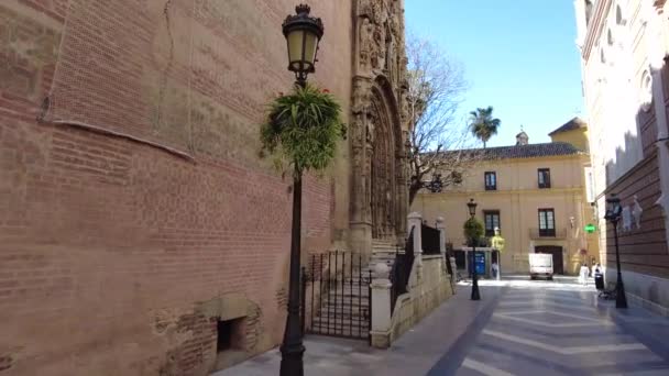 Walking Cathedral Malaga Massive Door Surrounded Beautiful Decorations Exterior Building — Stockvideo