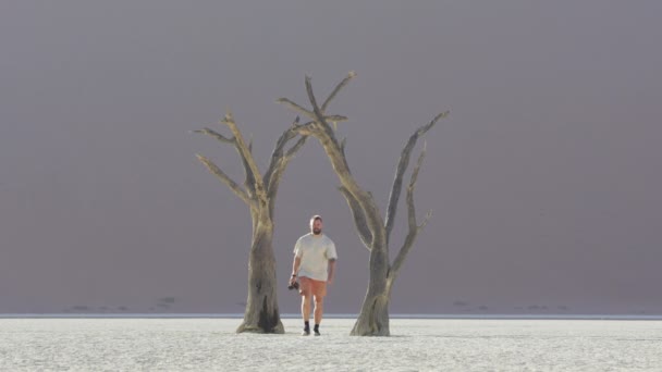 Young Photographer Camera Walking Middle Dead Camelthorn Trees Deadvlei Wide — Stockvideo