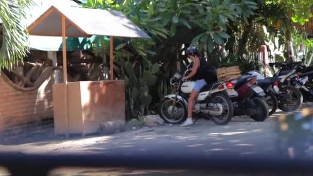 Young Girl Wearing Helmet Parking Her Motorcycle Trees Shade Sunny — Stock Video