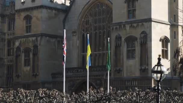 Vista Bandeiras Britânicas Ucranianas New Palace Yard Casas Parlamento — Vídeo de Stock