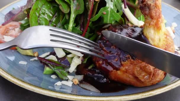 Comer Pollo Horno Con Ensalada Cerca — Vídeo de stock