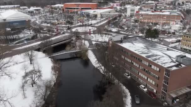 Drone Flying Viskan River Snowy Boras City Sweden Aerial Forward — Stockvideo