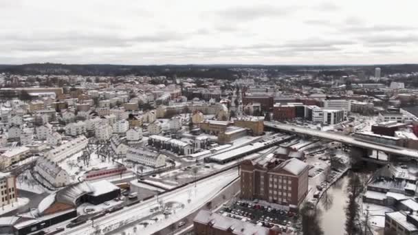 Snowy Gothenburg Cityscape Winter Season Aerial Drone Cinematic View — Vídeo de stock