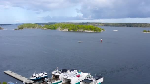 Establishing European Scandinavian Port Dock Side Shipping Harbor Aerial Wide — стоковое видео