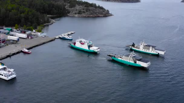 Three Large Shipping Vessels Leaving Port Simultaneously Departing Marina Seamen — Stock Video