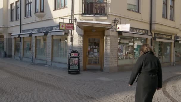 Moda Morena Mujer Negocios Caminando Tienda Tienda Tiendas Antigüedades Calle — Vídeos de Stock