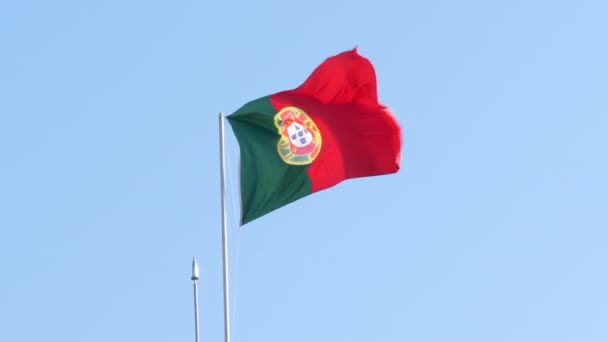 Portuguese Flag Fluttering Blue Sky Static Low Angle — Vídeo de stock