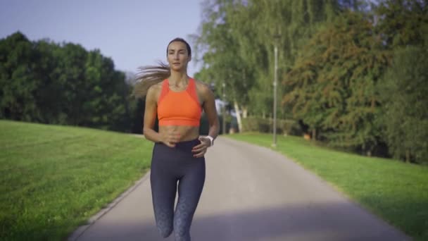 Woman Jogging Outdoor City Park Female Person Running Forward Dressed — Vídeos de Stock