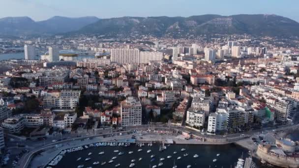 Aerial Flying Backwards Mourillon Coastline Toulon France — ストック動画