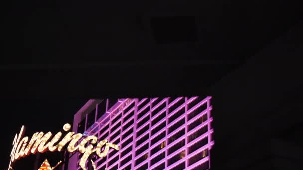 Las Vegas Strip Night Flamingo Hotel Casino Glowing Logo Illuminated — Vídeos de Stock