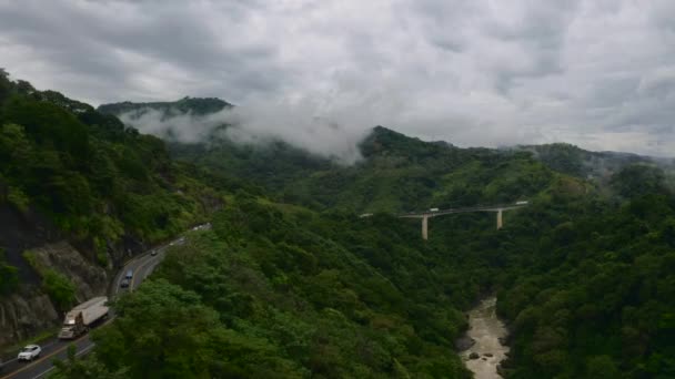 Aerial Drone View Road Bridge Jungle Foggy Hills Costa Rica — Vídeos de Stock