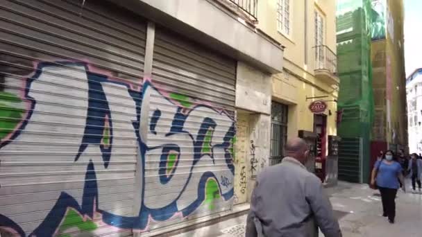 Many Shops Closed Pandemic Malaga Spain People Walking Narrow Street — Stock Video