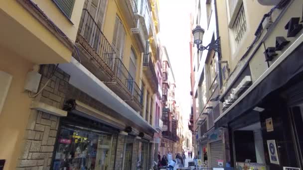 Narrow Street Malaga Shop Selling Face Masks Pandemic Spain Man — Stockvideo