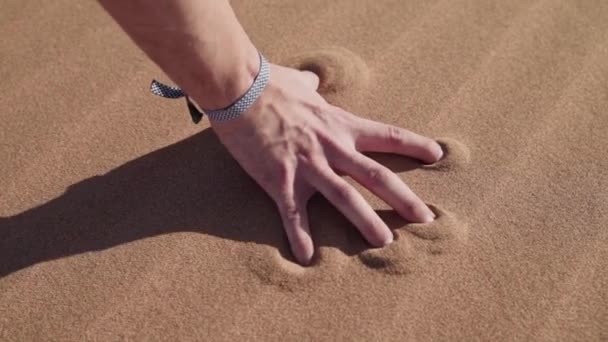 Hand Person Taking Dry Sand Sahara Desert Particles Fly Away — 비디오