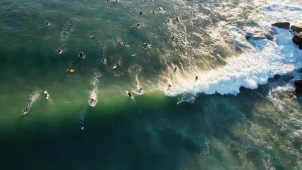 Aerial View Group Surfers Riding Sunlit Waves Estoril Portugal Tilt — Vídeos de Stock