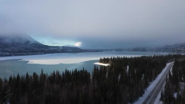 Drone Footage Cooper Landing Pushing Trees Reveal Lake Cold Winter — Vídeo de stock