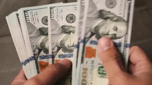 Business Man Counting Newly Launched Dollar Bills Income Business Concept — Vídeo de Stock