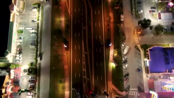 Aerial Birdseye Flying Forward Illuminated Avenue Revealing Night Horizon — Stock Video