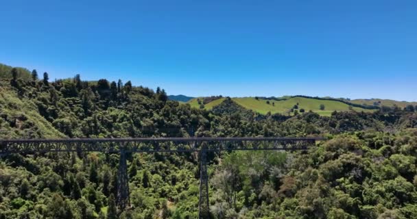 Πετώντας Προς Σιδηροδρομικό Σταθμό Mangaweka Viaduct Πλούσια Πράσινα Λιβάδια Νέα — Αρχείο Βίντεο