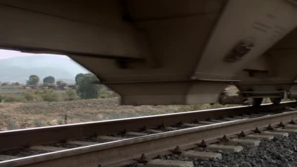 Train Wheels Moving Railroad Tracks Alongside Country — Wideo stockowe