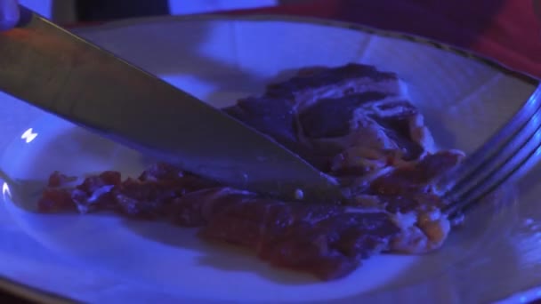 Person Cutting Raw Steak Raising His Hand Upwards Dinner — Vídeos de Stock