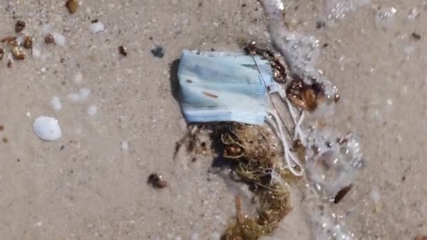 蓝色可处置的医疗程序面罩被冲刷到澳大利亚海滨高地 — 图库视频影像