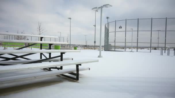 Bleachers Baseball Softball Fields Covered Fresh Snow Winter Pan Handheld — Stockvideo