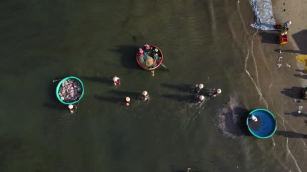 海のトラックやクリーニングボートをロードする人々の空中上のビュー ベトナムのムイ — ストック動画