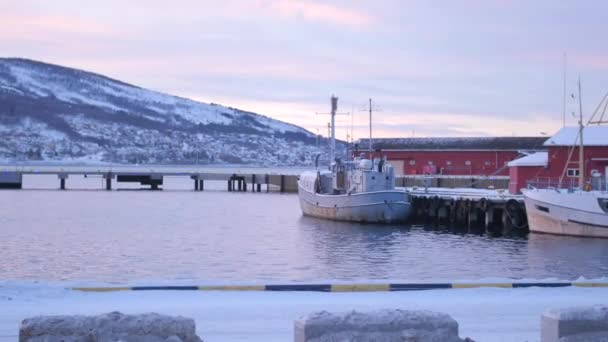 Panning Shot Ships Boats Moored Dock Pier Polar Night Arctic — Stock Video