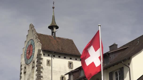 Swiss Flag Waving Lucerne City Low Angle Static View — Wideo stockowe