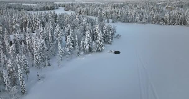 Vue Aérienne Autour Trou Glace Hivernal Dans Une Cabane Laponie — Video